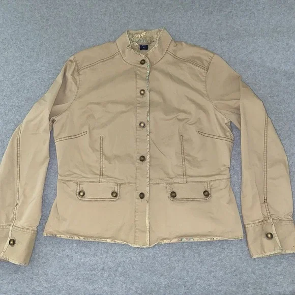 GAP Women's XL Khaki Cotton Twill Jacket Floral Trim Utility Peplum Button Up - Picture 1 of 16
